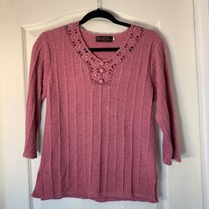 Buzz Vintage Crochet-Neck Lightweight Knit Top | Dusty Rose | 7/8 Sleeves | L